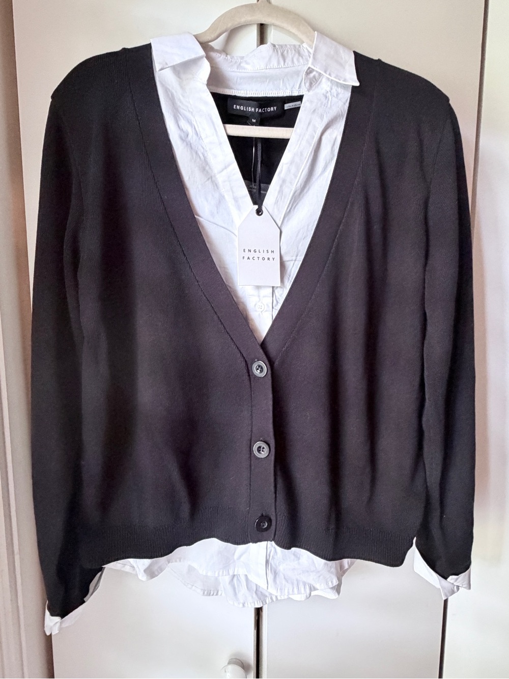 NWT English Factory Mixed Media Knit Cardigan Black White M